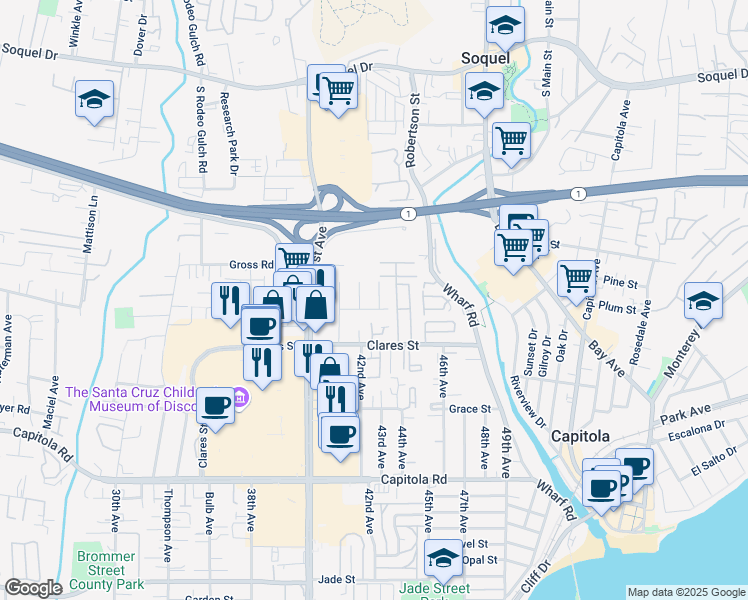 map of restaurants, bars, coffee shops, grocery stores, and more near 4270 Trotter Street in Capitola