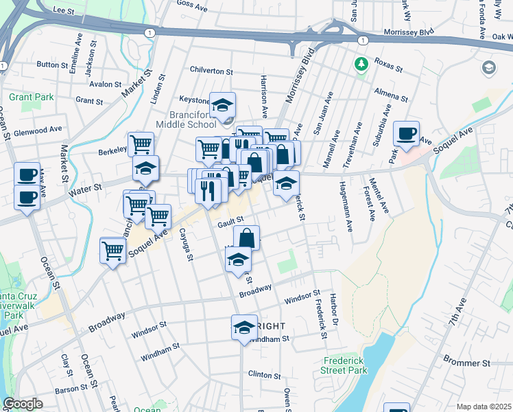 map of restaurants, bars, coffee shops, grocery stores, and more near in Santa Cruz