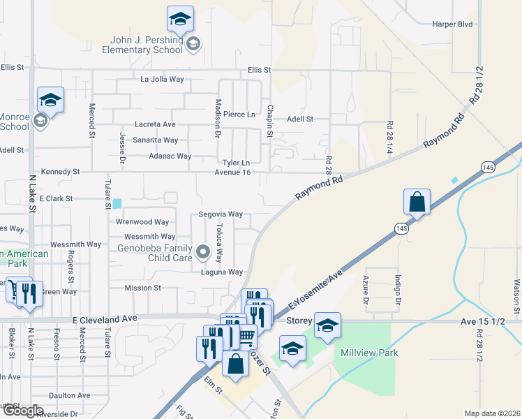 map of restaurants, bars, coffee shops, grocery stores, and more near 1436 Segovia Court in Madera