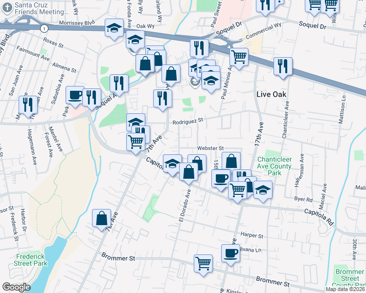 map of restaurants, bars, coffee shops, grocery stores, and more near 1905 Jose Avenue in Santa Cruz