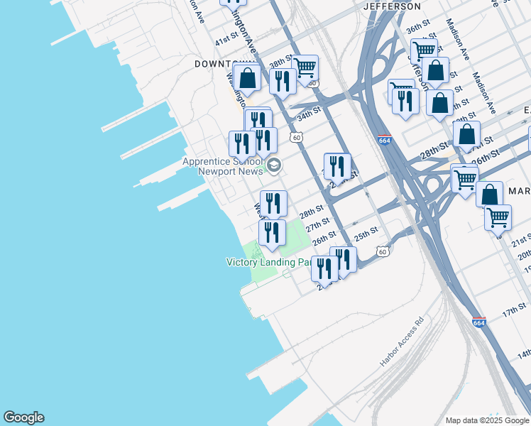 map of restaurants, bars, coffee shops, grocery stores, and more near 2901 West Avenue in Newport News