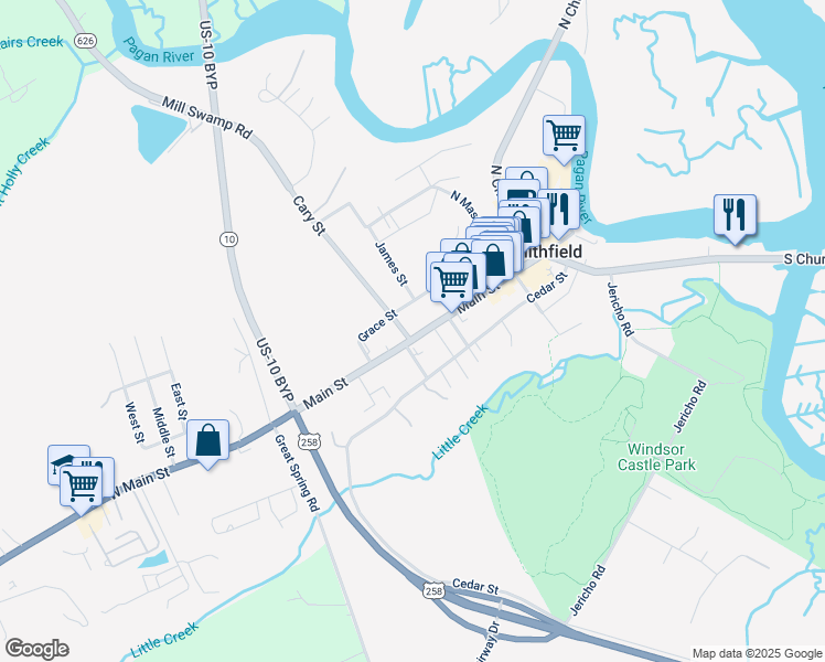 map of restaurants, bars, coffee shops, grocery stores, and more near 400 Main Street in Smithfield