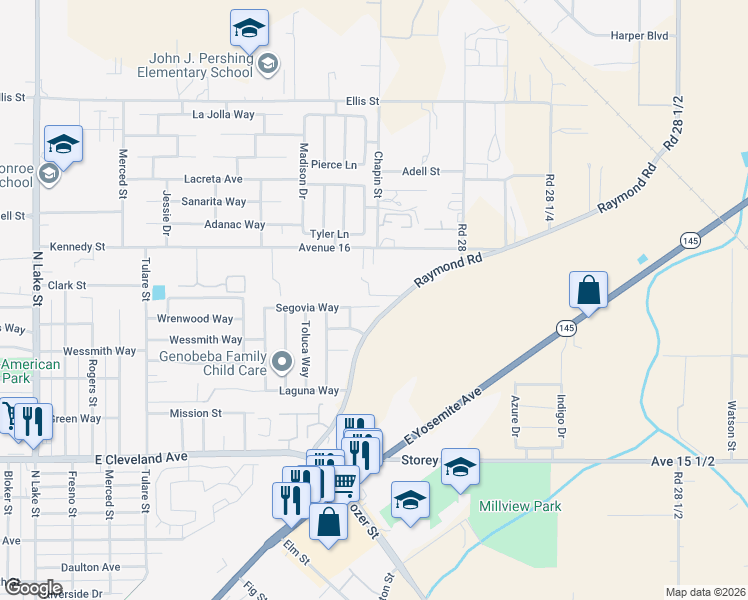 map of restaurants, bars, coffee shops, grocery stores, and more near 1451 Segovia Court in Madera