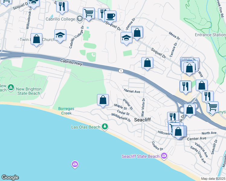 map of restaurants, bars, coffee shops, grocery stores, and more near 840 Seacliff Drive in Aptos