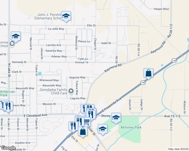 map of restaurants, bars, coffee shops, grocery stores, and more near 1451 Segovia Court in Madera