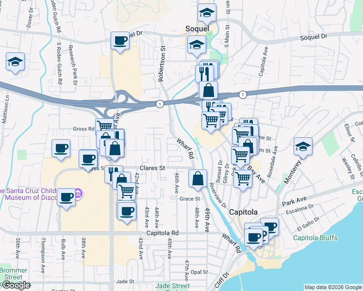 map of restaurants, bars, coffee shops, grocery stores, and more near 2155 Wharf Road in Capitola