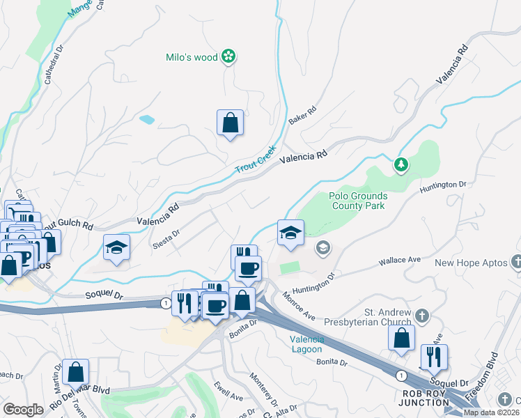 map of restaurants, bars, coffee shops, grocery stores, and more near 182 Alta Verdi Drive in Aptos