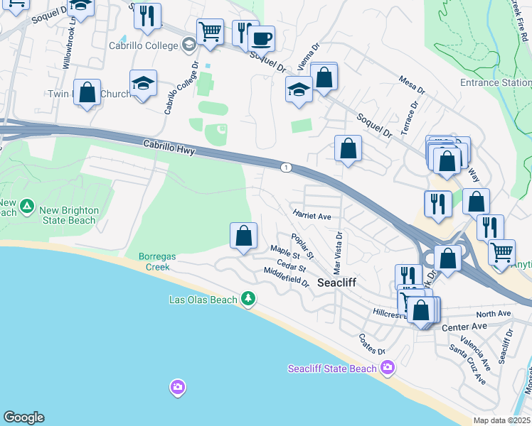 map of restaurants, bars, coffee shops, grocery stores, and more near 840 Seacliff Drive in Aptos