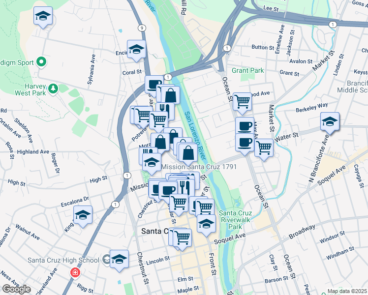 map of restaurants, bars, coffee shops, grocery stores, and more near 2120 North Pacific Avenue in Santa Cruz