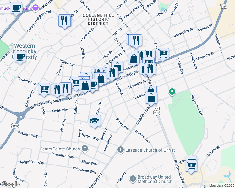 map of restaurants, bars, coffee shops, grocery stores, and more near 1412 Magnolia Street in Bowling Green