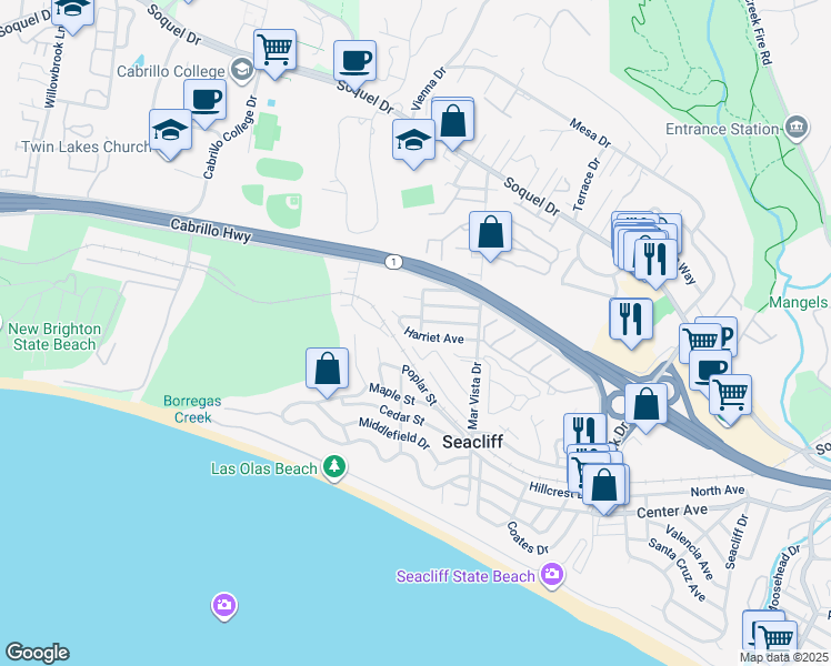 map of restaurants, bars, coffee shops, grocery stores, and more near 231 Mar Vista Avenue in Aptos