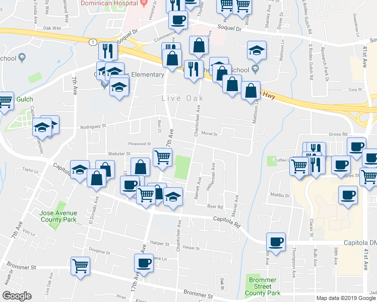 map of restaurants, bars, coffee shops, grocery stores, and more near 2200 Pelican Crest in Santa Cruz