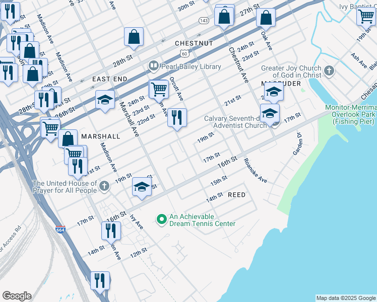 map of restaurants, bars, coffee shops, grocery stores, and more near 1808 Wickham Avenue in Newport News