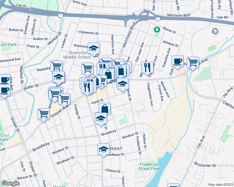 map of restaurants, bars, coffee shops, grocery stores, and more near 609 Frederick Street in Santa Cruz
