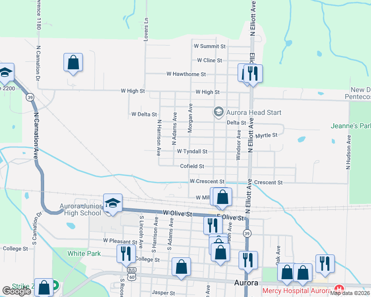 map of restaurants, bars, coffee shops, grocery stores, and more near 351-399 Morgan Avenue in Aurora