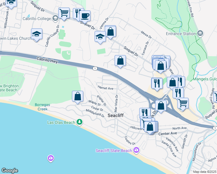 map of restaurants, bars, coffee shops, grocery stores, and more near 516 Harriet Avenue in Aptos