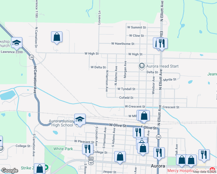map of restaurants, bars, coffee shops, grocery stores, and more near 408 West Tyndal Street in Aurora