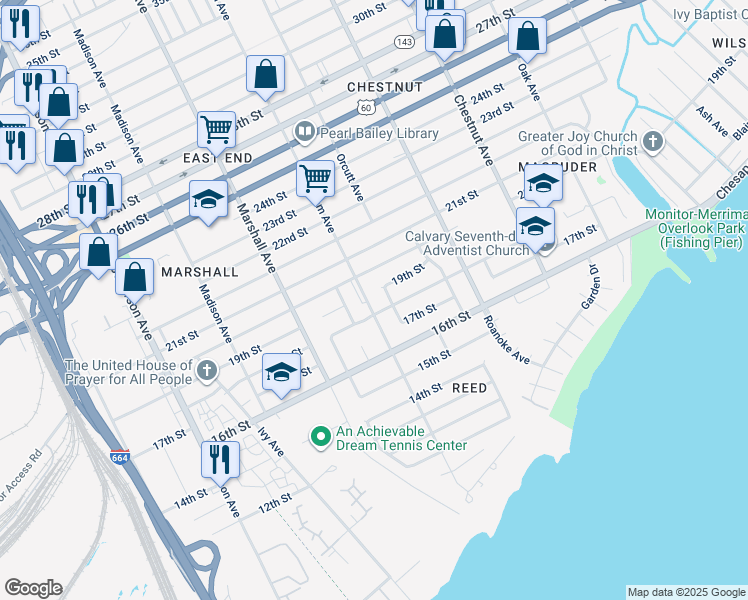 map of restaurants, bars, coffee shops, grocery stores, and more near 1808 Wickham Avenue in Newport News