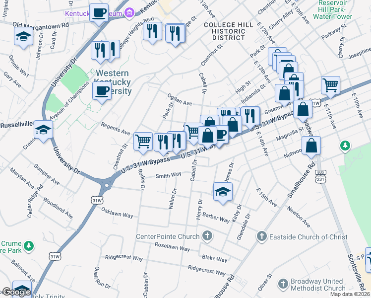 map of restaurants, bars, coffee shops, grocery stores, and more near 1607 U.S. 31 West Bypass in Bowling Green