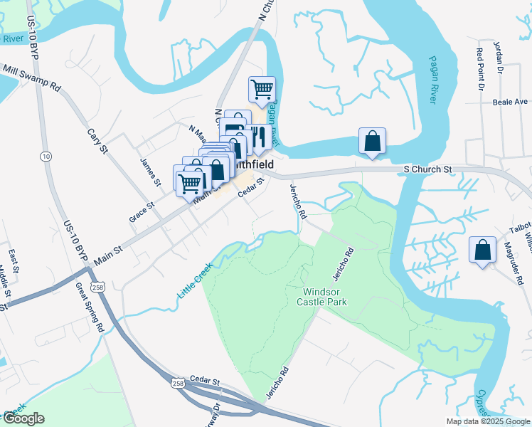 map of restaurants, bars, coffee shops, grocery stores, and more near in Smithfield