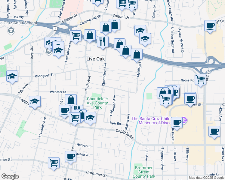map of restaurants, bars, coffee shops, grocery stores, and more near 2229 Chanticleer Lane in Santa Cruz