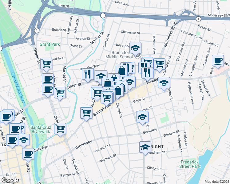 map of restaurants, bars, coffee shops, grocery stores, and more near in Santa Cruz