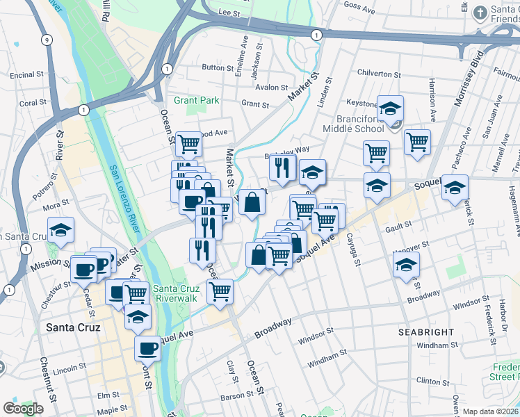map of restaurants, bars, coffee shops, grocery stores, and more near 550 Water Street in Santa Cruz