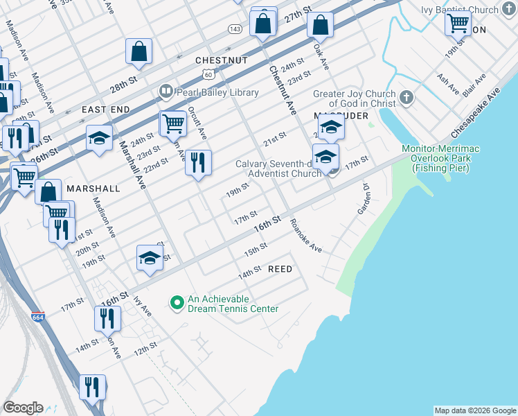map of restaurants, bars, coffee shops, grocery stores, and more near 956 17th Street in Newport News