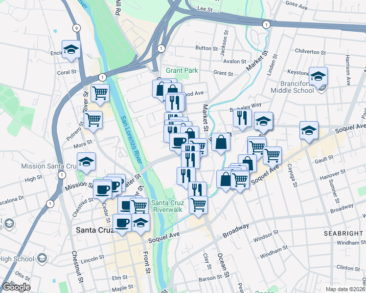 map of restaurants, bars, coffee shops, grocery stores, and more near 420 Water Street in Santa Cruz