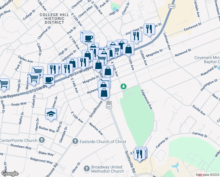 map of restaurants, bars, coffee shops, grocery stores, and more near 1113 Covington Street in Bowling Green