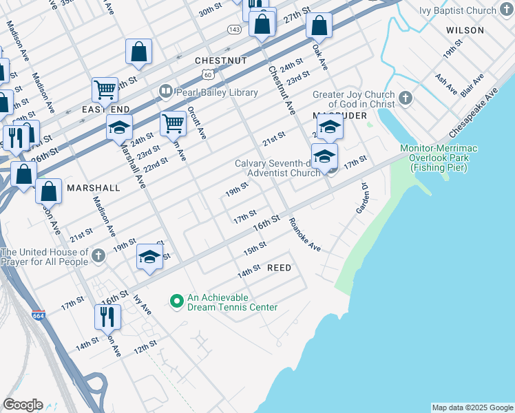 map of restaurants, bars, coffee shops, grocery stores, and more near 956 17th Street in Newport News