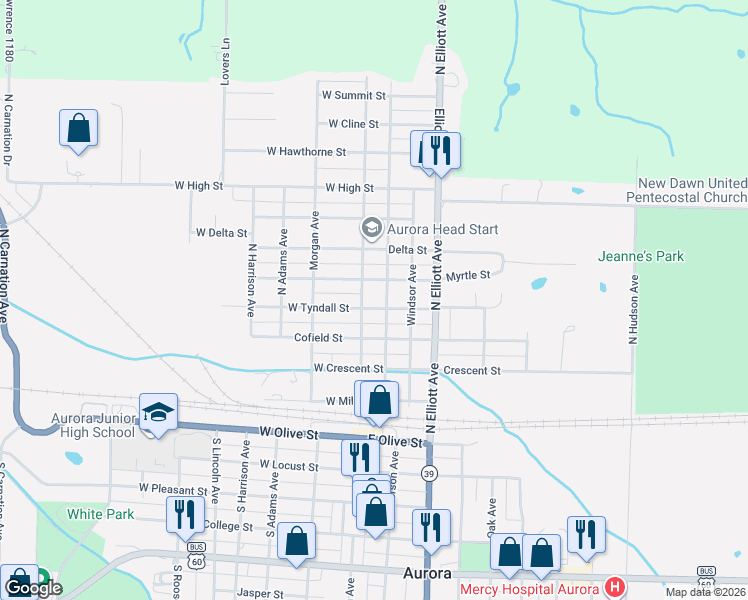 map of restaurants, bars, coffee shops, grocery stores, and more near 325 McNatt Avenue in Aurora