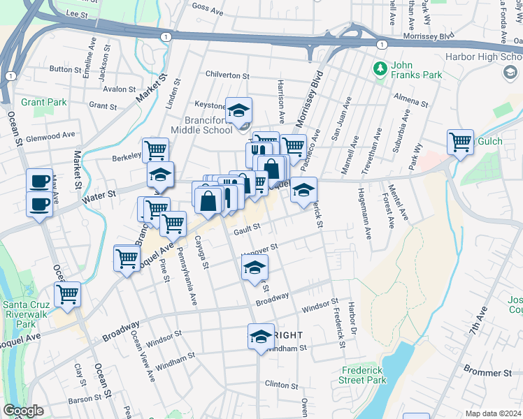 map of restaurants, bars, coffee shops, grocery stores, and more near 719 Darwin Street in Santa Cruz