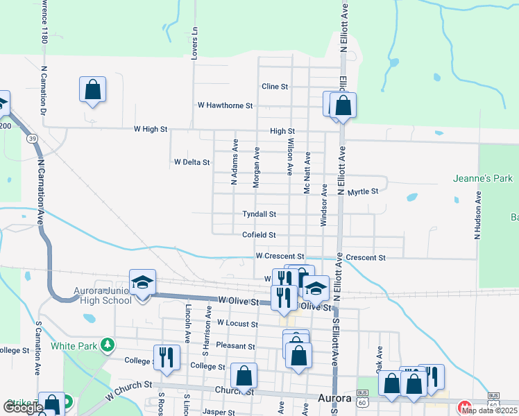 map of restaurants, bars, coffee shops, grocery stores, and more near 351-399 Morgan Avenue in Aurora