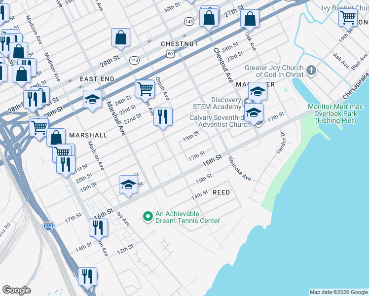 map of restaurants, bars, coffee shops, grocery stores, and more near 921 17th Street in Newport News