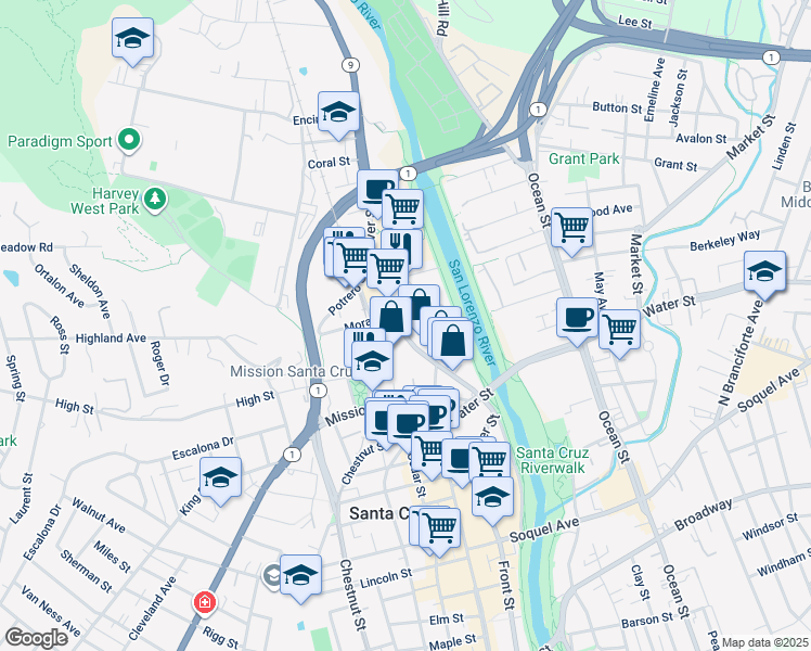 map of restaurants, bars, coffee shops, grocery stores, and more near 240 River Street in Santa Cruz