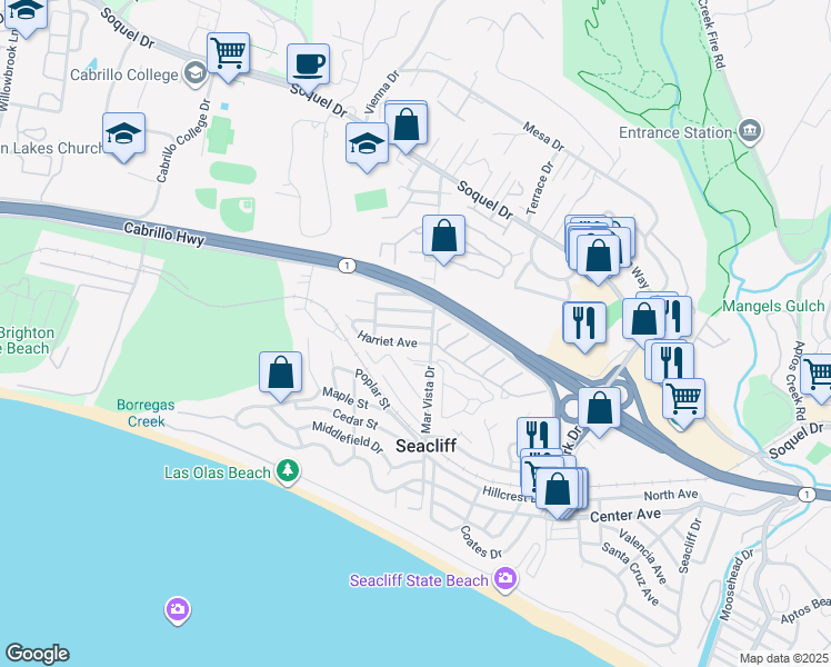 map of restaurants, bars, coffee shops, grocery stores, and more near 225 Mar Vista Drive in Aptos
