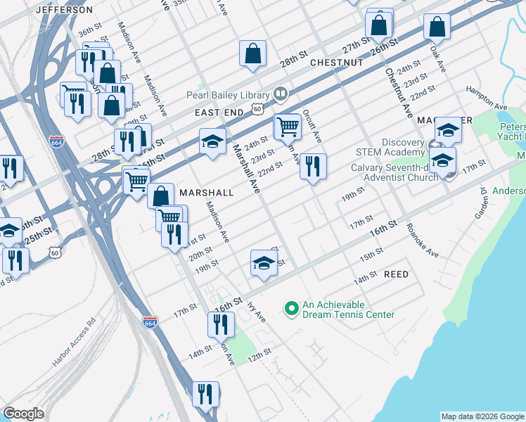 map of restaurants, bars, coffee shops, grocery stores, and more near 741 20th Street in Newport News