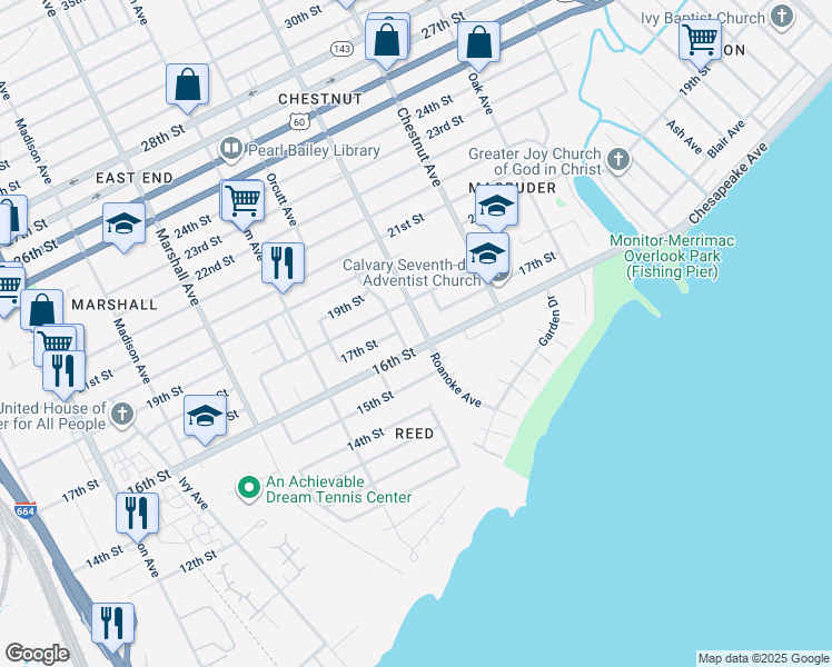 map of restaurants, bars, coffee shops, grocery stores, and more near 1609 Roanoke Avenue in Newport News
