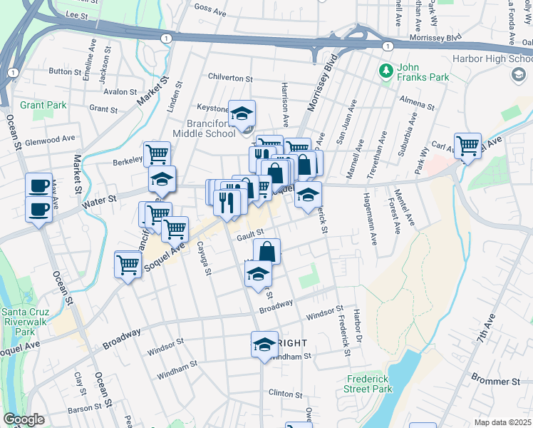 map of restaurants, bars, coffee shops, grocery stores, and more near in Santa Cruz