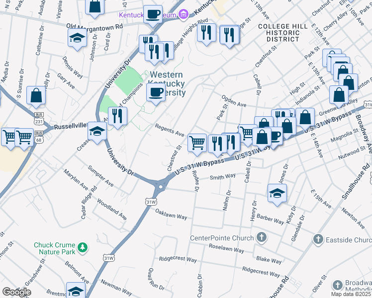 map of restaurants, bars, coffee shops, grocery stores, and more near 1733 Campus Plaza Court in Bowling Green