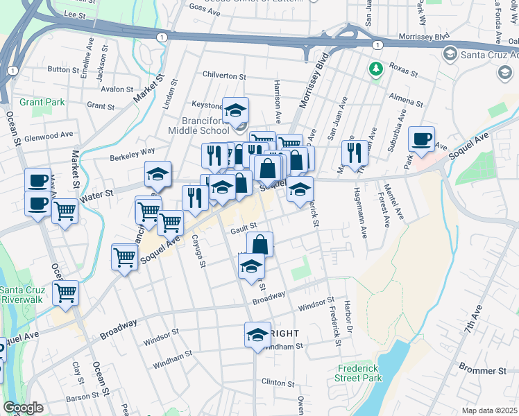 map of restaurants, bars, coffee shops, grocery stores, and more near 719 Darwin Street in Santa Cruz