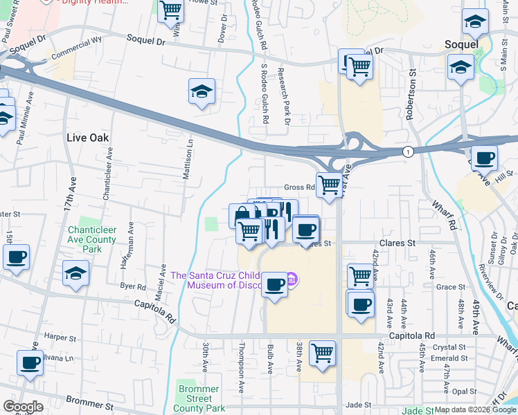 map of restaurants, bars, coffee shops, grocery stores, and more near 2241 Albert Lane in Capitola