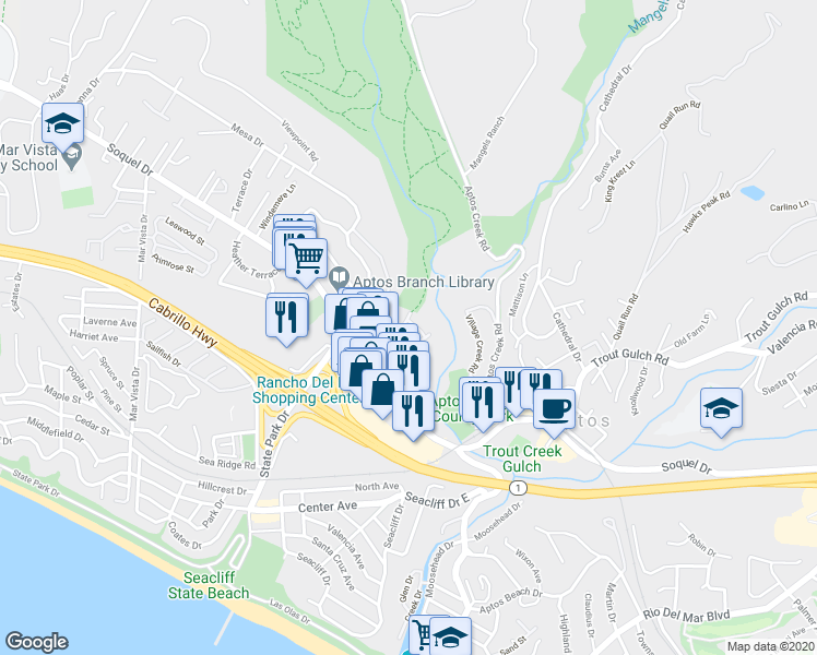 map of restaurants, bars, coffee shops, grocery stores, and more near 3360 Aptos Rancho Road in Aptos