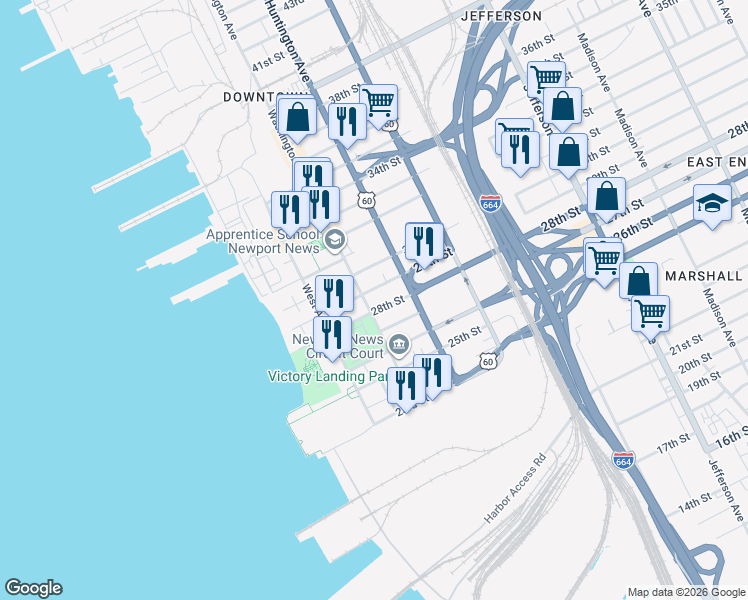 map of restaurants, bars, coffee shops, grocery stores, and more near 2800 Washington Avenue in Newport News