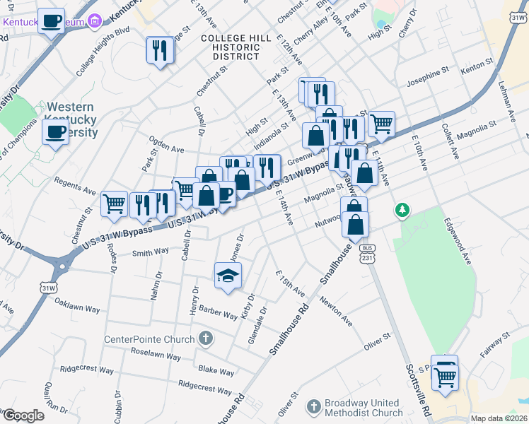 map of restaurants, bars, coffee shops, grocery stores, and more near 1442 Magnolia Street in Bowling Green
