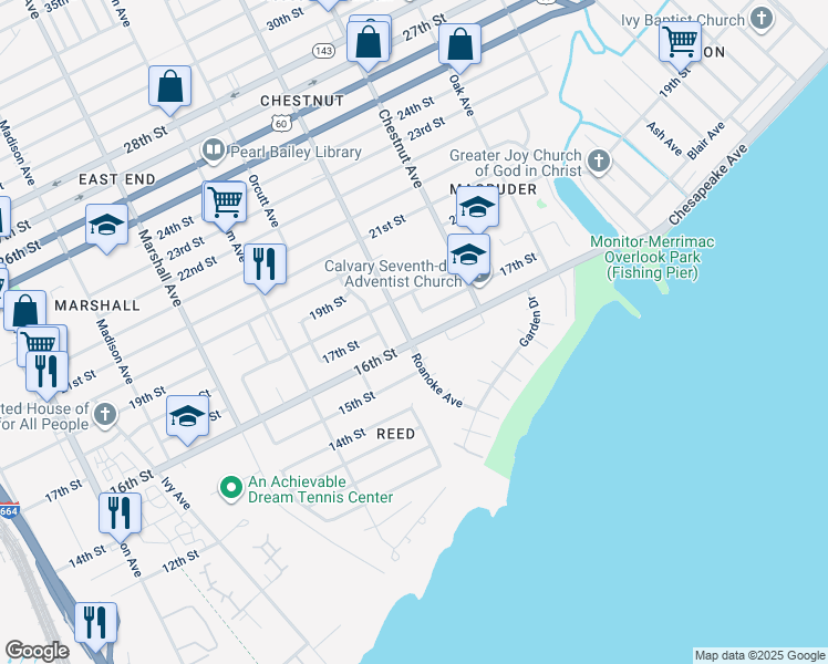 map of restaurants, bars, coffee shops, grocery stores, and more near 1604 Roanoke Avenue in Newport News