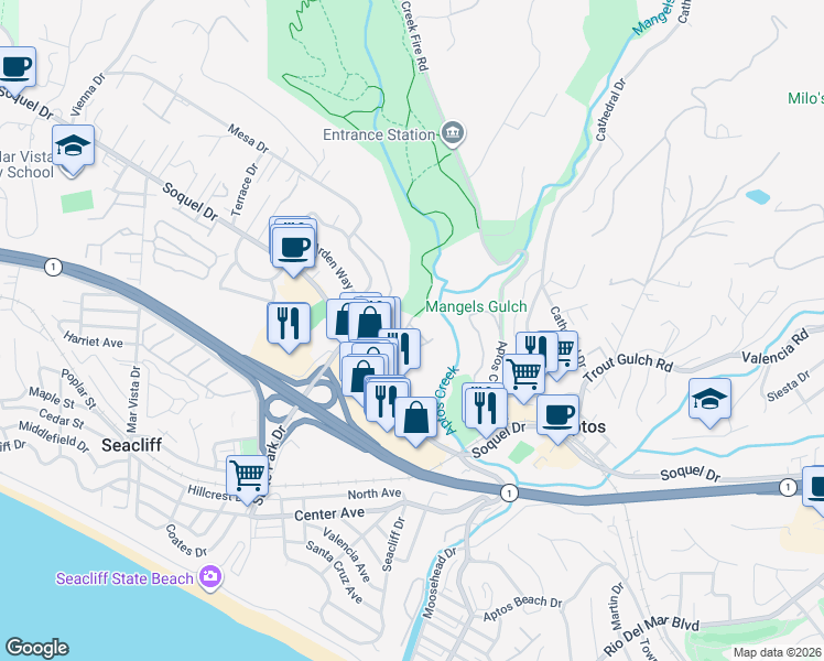 map of restaurants, bars, coffee shops, grocery stores, and more near 3372 Aptos Rancho Road in Aptos
