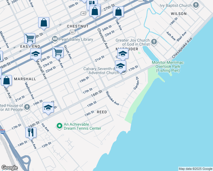 map of restaurants, bars, coffee shops, grocery stores, and more near 1604 Roanoke Avenue in Newport News