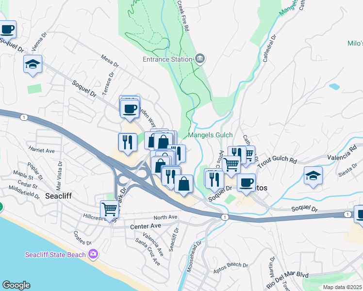 map of restaurants, bars, coffee shops, grocery stores, and more near 3372 Aptos Rancho Road in Aptos